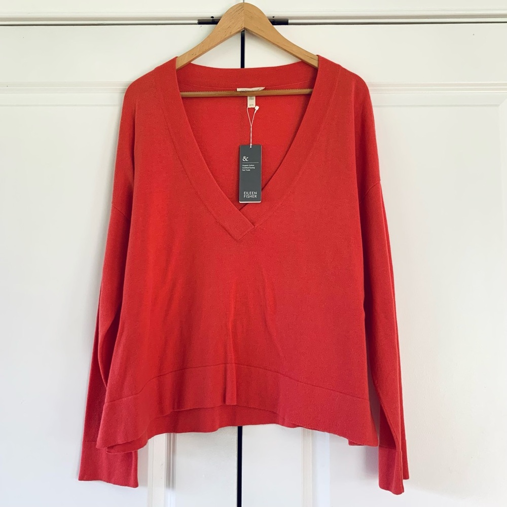 Eileen Fisher Sweater Organic Cotton Deep V Neck Boxy Coral Knit Size Medium